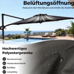 Ampelschirm Ø 300 cm Neigbarer Sonnenschirm 360° Drehbar mit Kurbel & Fußpedal Beige/Grau