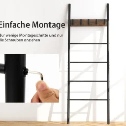 An der Wand lehnende Deckenleiter 5-stufiges Leiterregal mit 5 abnehmbaren Haken Rustikales Braun