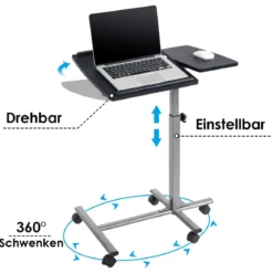 Anpassbarer Laptop Computertisch Laptoptisch mit 5 Rollen Höhe/Winkel verstellbar Silber + Schwarz