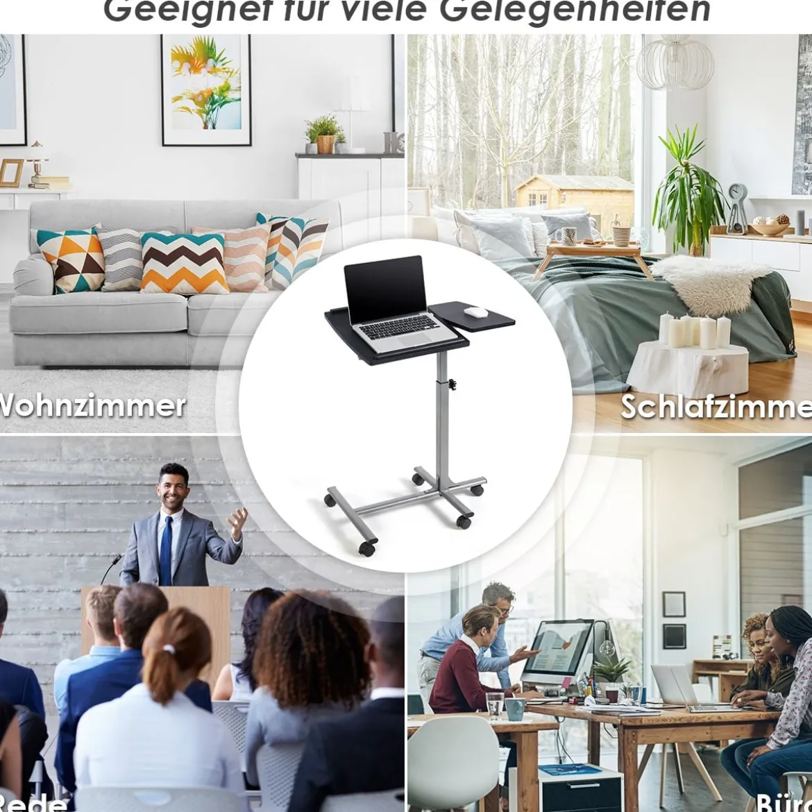 Anpassbarer Laptop Computertisch Laptoptisch mit 5 Rollen Höhe/Winkel verstellbar Silber + Schwarz