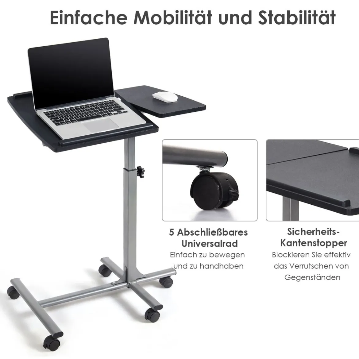 Anpassbarer Laptop Computertisch Laptoptisch mit 5 Rollen Höhe/Winkel verstellbar Silber + Schwarz