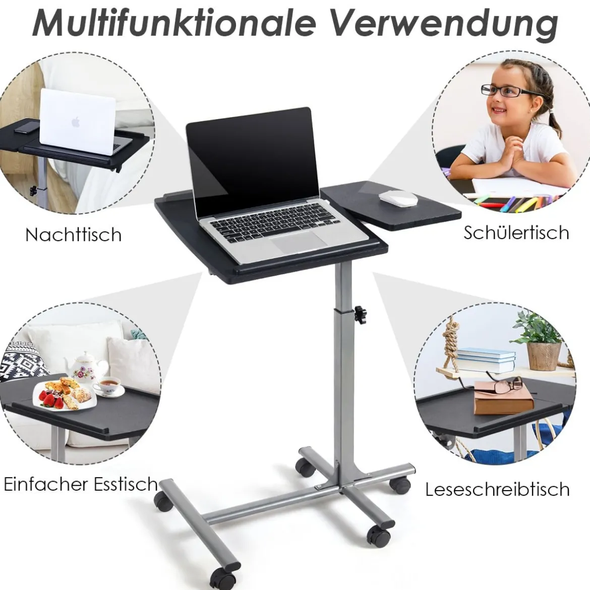 Anpassbarer Laptop Computertisch Laptoptisch mit 5 Rollen Höhe/Winkel verstellbar Silber + Schwarz