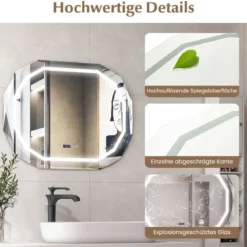 Antibeschlag Badspiegel mit 3-farbigem LED-Licht & Speicherfunktion & Zeit- & Temperaturablesung