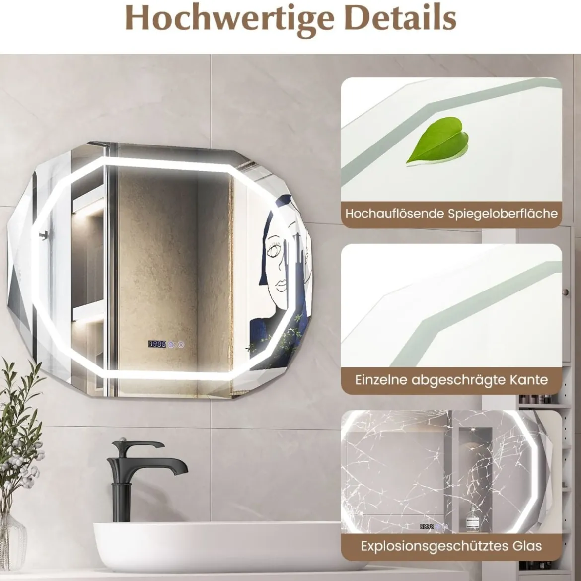 Antibeschlag Badspiegel mit 3-farbigem LED-Licht & Speicherfunktion & Zeit- & Temperaturablesung
