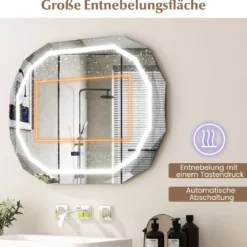 Antibeschlag Badspiegel mit 3-farbigem LED-Licht & Speicherfunktion & Zeit- & Temperaturablesung