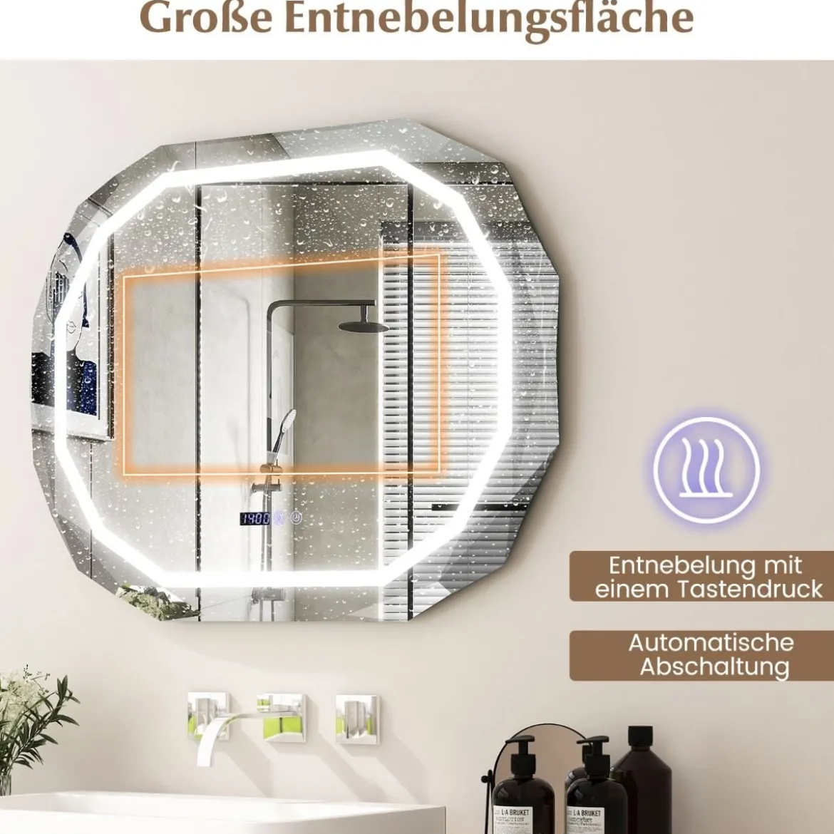 Antibeschlag Badspiegel mit 3-farbigem LED-Licht & Speicherfunktion & Zeit- & Temperaturablesung