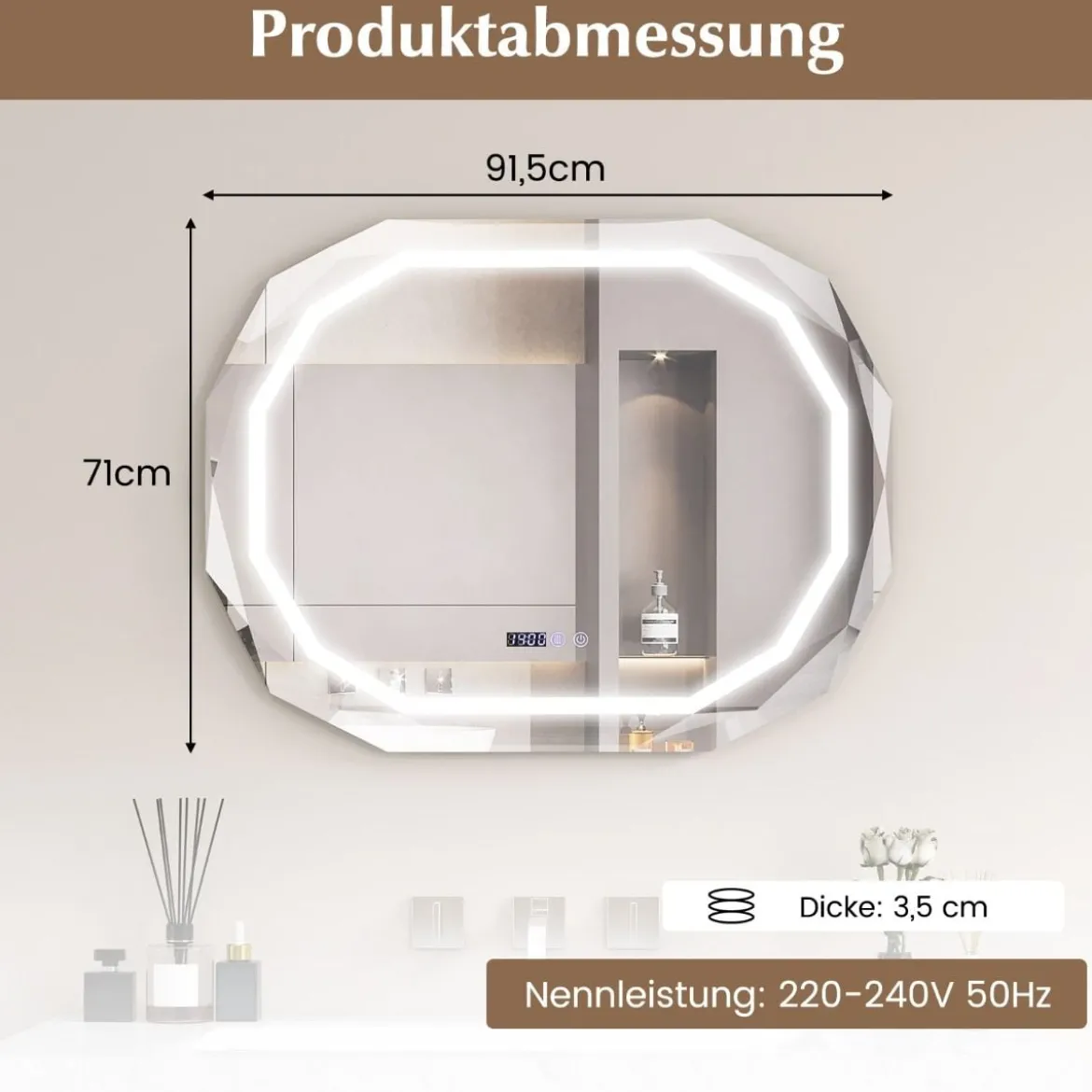 Antibeschlag Badspiegel mit 3-farbigem LED-Licht & Speicherfunktion & Zeit- & Temperaturablesung