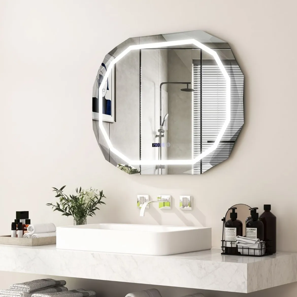 Antibeschlag Badspiegel mit 3-farbigem LED-Licht & Speicherfunktion & Zeit- & Temperaturablesung