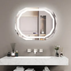 Antibeschlag Badspiegel mit 3-farbigem LED-Licht & Speicherfunktion & Zeit- & Temperaturablesung