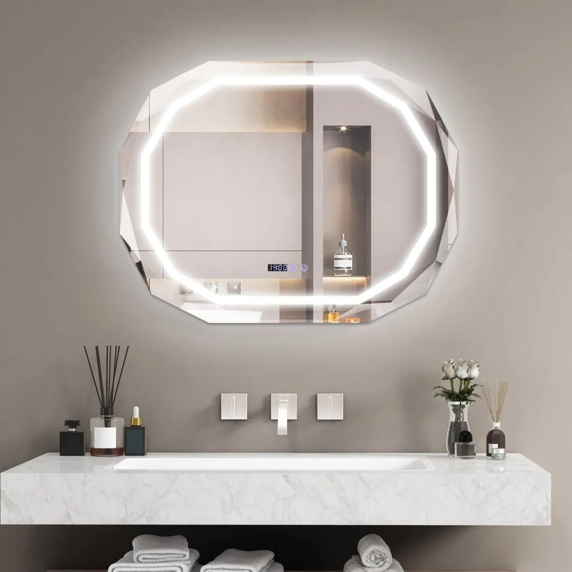 Antibeschlag Badspiegel mit 3-farbigem LED-Licht & Speicherfunktion & Zeit- & Temperaturablesung