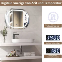 Antibeschlag Badspiegel mit 3-farbigem LED-Licht & Speicherfunktion & Zeit- & Temperaturablesung