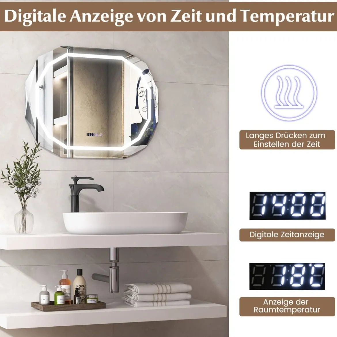 Antibeschlag Badspiegel mit 3-farbigem LED-Licht & Speicherfunktion & Zeit- & Temperaturablesung