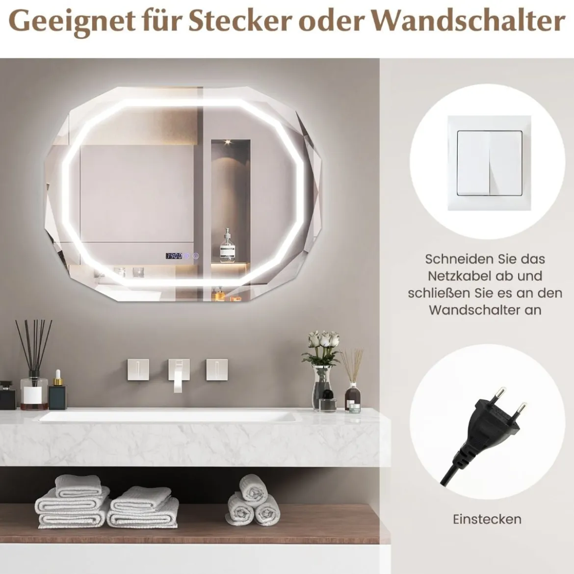Antibeschlag Badspiegel mit 3-farbigem LED-Licht & Speicherfunktion & Zeit- & Temperaturablesung