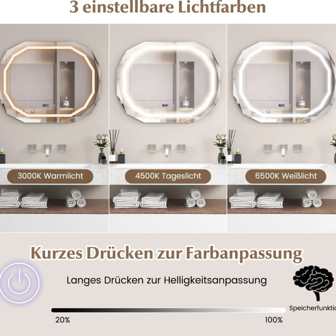 Antibeschlag Badspiegel mit 3-farbigem LED-Licht & Speicherfunktion & Zeit- & Temperaturablesung