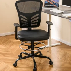 Arbeitsstuhl Bürostuhl ergonomisch Sitzhöhe 54-75 cm Hoher Drehstuhl mit hochklappbaren Armlehnen Schwarz