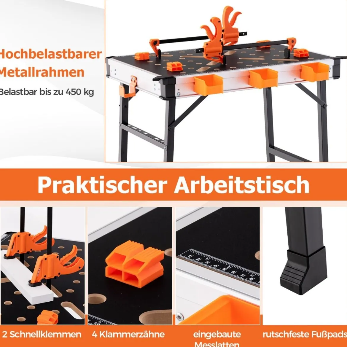 Arbeitstisch klappbar Werkbank mit 2 Schnellklemmen 3 Werkzeugkästen & Metallrahmen