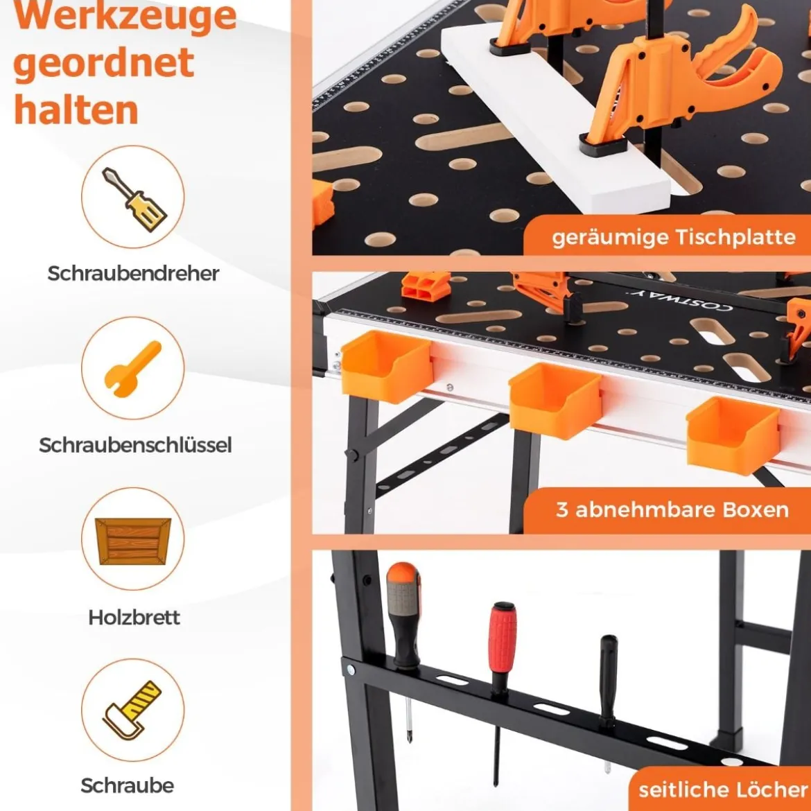 Arbeitstisch klappbar Werkbank mit 2 Schnellklemmen 3 Werkzeugkästen & Metallrahmen