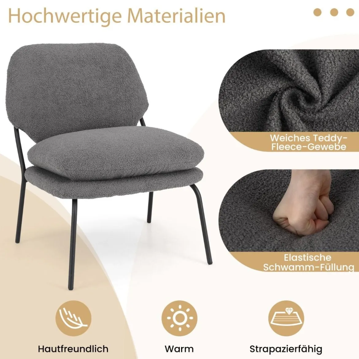 Armlehnlose Akzentstuhl mit Bezug aus Teddy-Fleece & Hohem Rücken Sessel Freizeitstuhl
