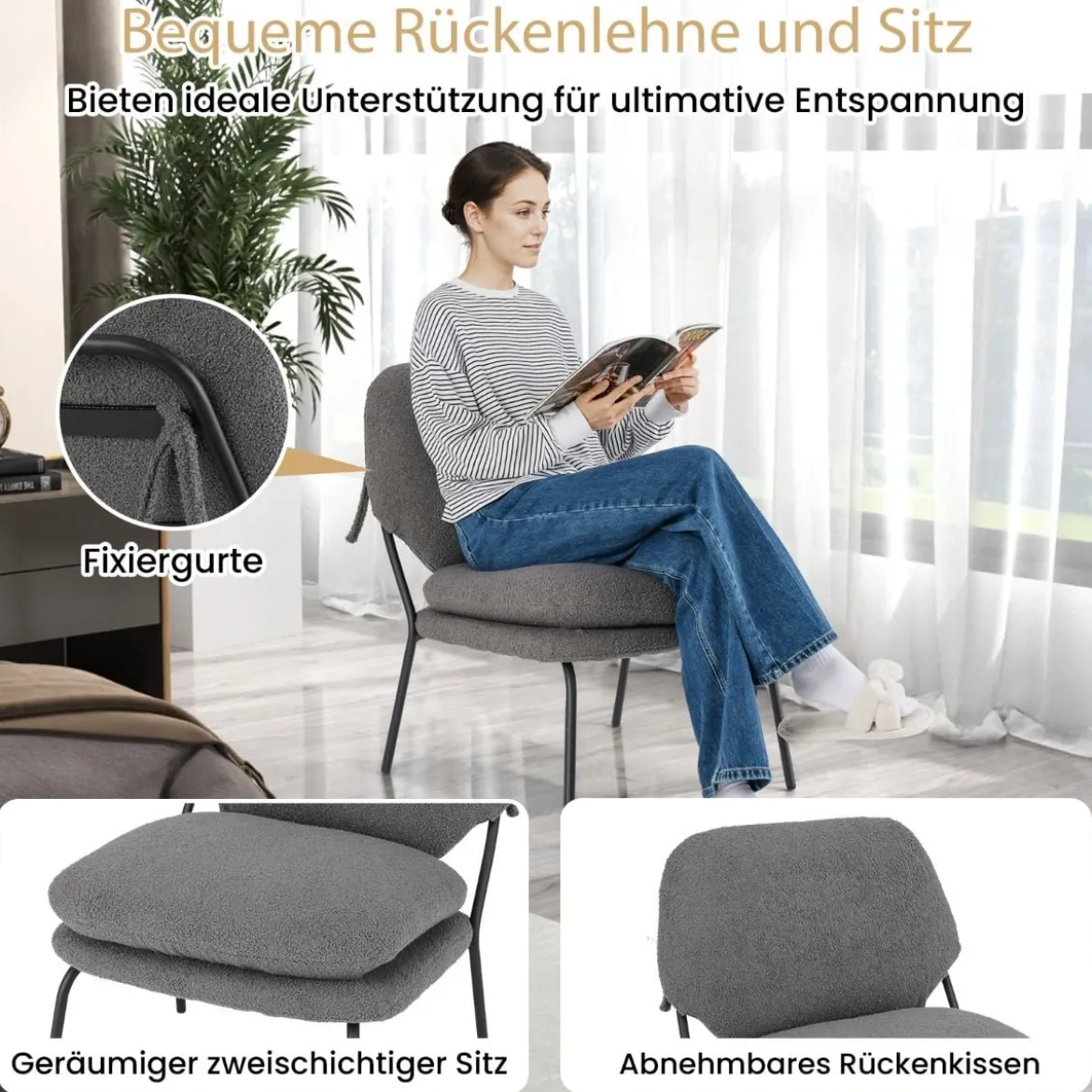 Armlehnlose Akzentstuhl mit Bezug aus Teddy-Fleece & Hohem Rücken Sessel Freizeitstuhl