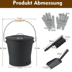 Ascheeimer mit Deckel Schaufel Handbesen & Handschuhen Kamineimer feuerfest Schwarz