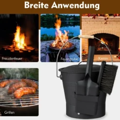Ascheeimer mit Deckel Schaufel Handbesen & Handschuhen Kamineimer feuerfest Schwarz