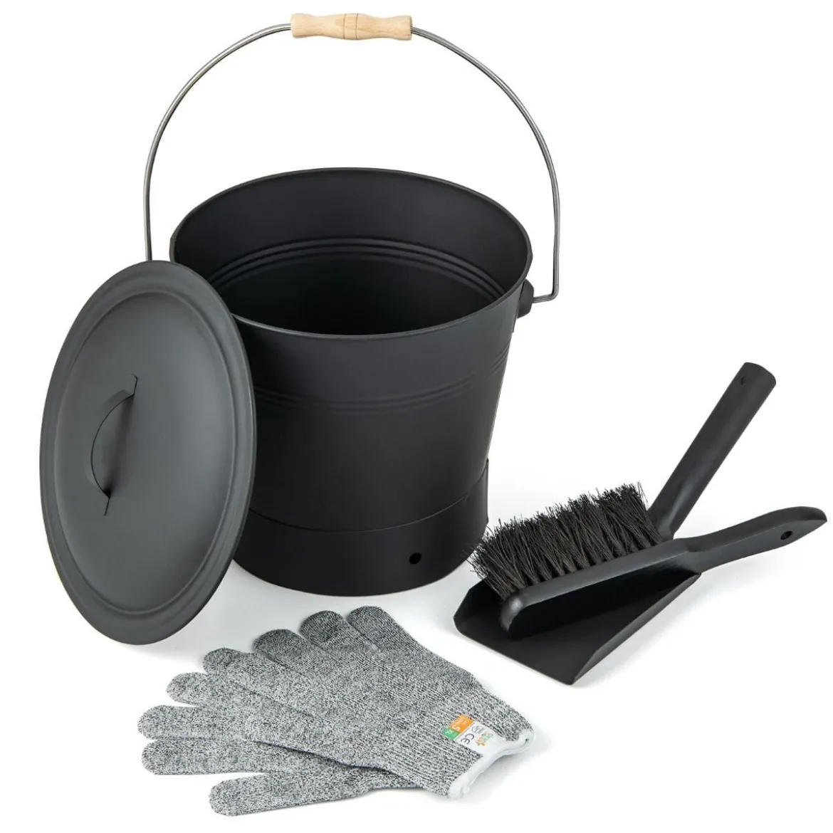 Ascheeimer mit Deckel Schaufel Handbesen & Handschuhen Kamineimer feuerfest Schwarz