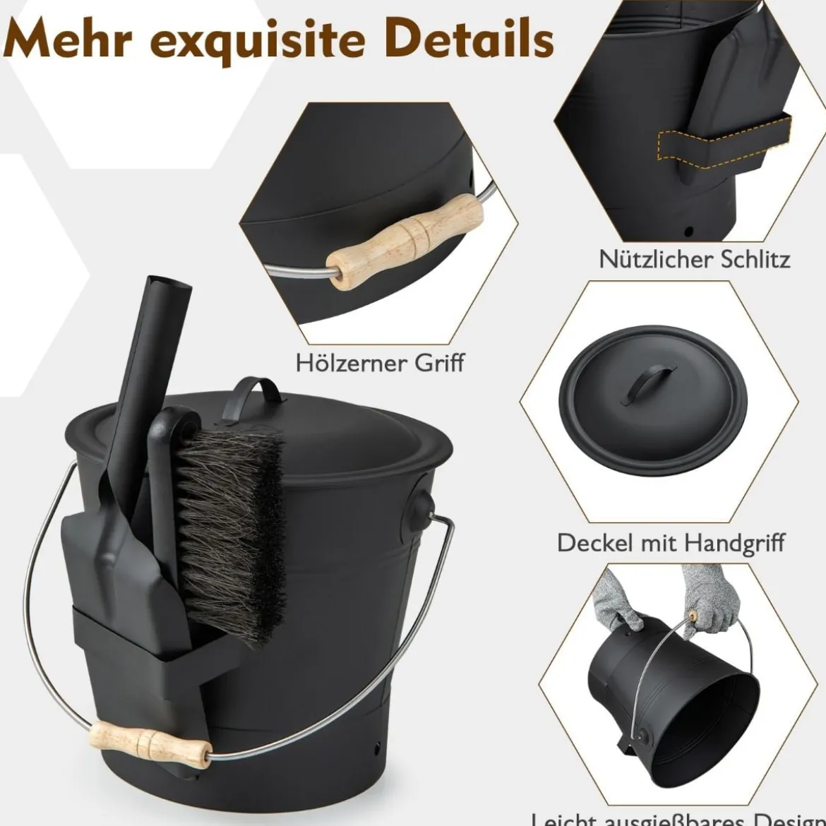 Ascheeimer mit Deckel Schaufel Handbesen & Handschuhen Kamineimer feuerfest Schwarz