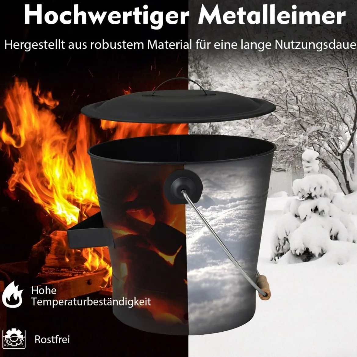 Ascheeimer mit Deckel Schaufel Handbesen & Handschuhen Kamineimer feuerfest Schwarz