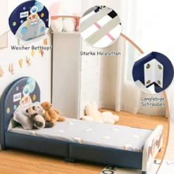 Astronauten-Muster Babybett Einzelbett mit weichem Kopfteil 151 x 76 x 70 cm Dunkelblau