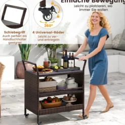 Außen-Barwagen 3-stufiges Patio Rattan-Regal mit arretierbaren Universalrädern & Seitengriffen 86 x 50 x 89 cm