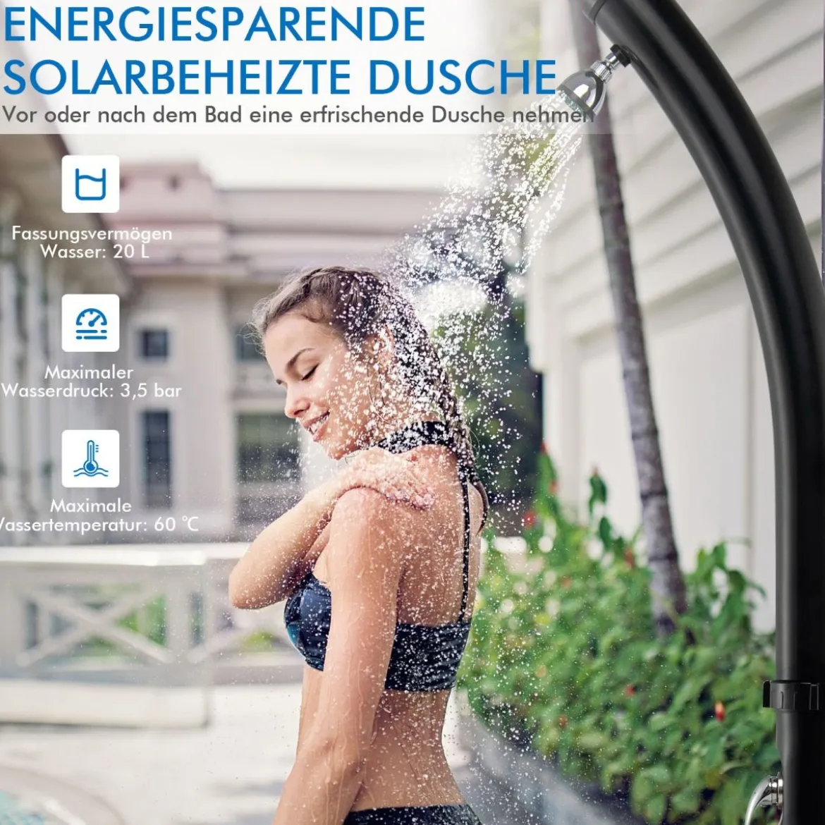 Außendusche 217 cm Fußdusche Solarbeheizte Dusche mit 360° Drehbarem Duschkopf Fußdusche Schwarz