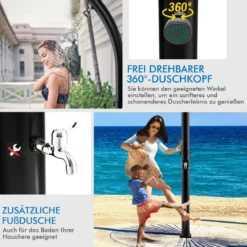 Außendusche 217 cm Fußdusche Solarbeheizte Dusche mit 360° Drehbarem Duschkopf Fußdusche Schwarz
