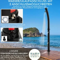 Außendusche 217 cm Fußdusche Solarbeheizte Dusche mit 360° Drehbarem Duschkopf Fußdusche Schwarz