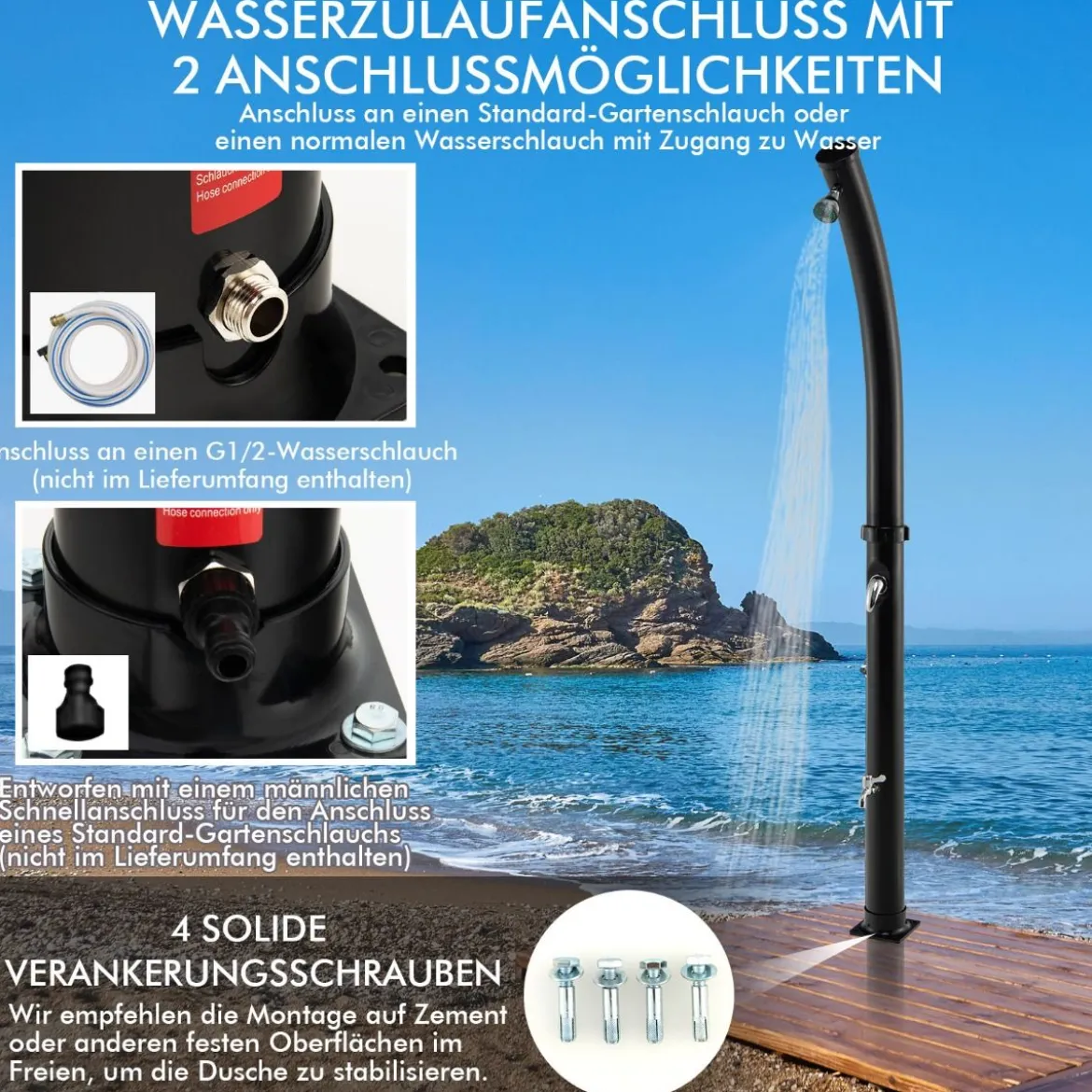 Außendusche 217 cm Fußdusche Solarbeheizte Dusche mit 360° Drehbarem Duschkopf Fußdusche Schwarz