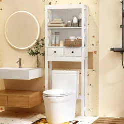 Aufbewahrung über der Toilette 3-stöckiges Toilettenregal mit offenen Regalen 2 Schubladen Weiß