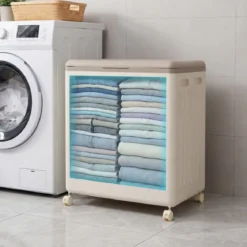 Aufbewahrungsbox für Kleidung mit Deckel und Rollen 122 L rollbarer Wäschekorb Grau