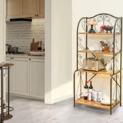 Aufbewahrungsregal 4-stöckiges industrielles Sideboard mit offenen Ablagen X-Stange Kippsicherung Braun