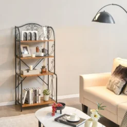 Aufbewahrungsregal 4-stöckiges industrielles Sideboard mit offenen Ablagen X-Stange Kippsicherung Braun