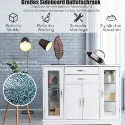 Aufbewahrungsschrank aus Holz mit gehärteten Glastüren und Schubladen Weiß
