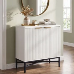 Aufbewahrungsschrank Sideboard aus Holz mit Geriffelten Türen & Robustem Metallgestell Weiß