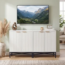 Aufbewahrungsschrank Sideboard aus Holz mit Geriffelten Türen & Robustem Metallgestell Weiß