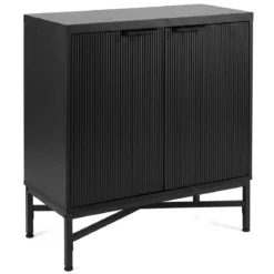 Aufbewahrungsschrank Sideboard aus Holz mit Geriffelten Türen & Robustem Metallgestell Schwarz