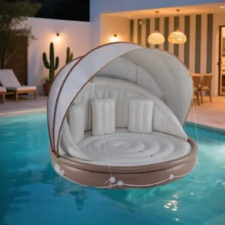 Aufblasbare Badeinsel mit einziehbarem Dach Schwimminsel mit 3 bequemen Kissen SPF 50+