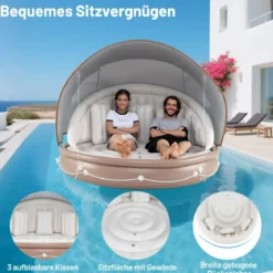 Aufblasbare Badeinsel mit einziehbarem Dach Schwimminsel mit 3 bequemen Kissen SPF 50+