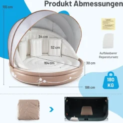 Aufblasbare Badeinsel mit einziehbarem Dach Schwimminsel mit 3 bequemen Kissen SPF 50+