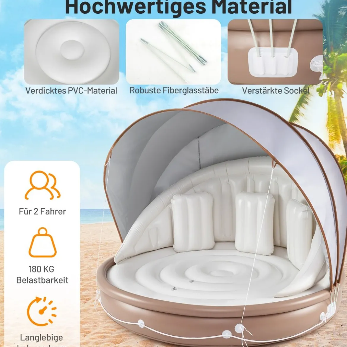 Aufblasbare Badeinsel mit einziehbarem Dach Schwimminsel mit 3 bequemen Kissen SPF 50+