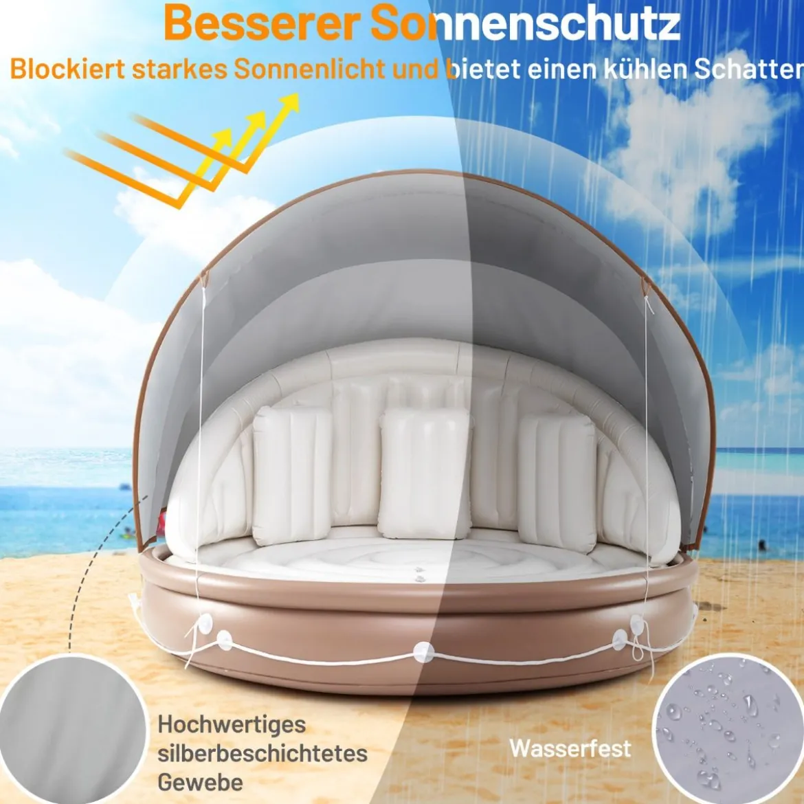 Aufblasbare Badeinsel mit einziehbarem Dach Schwimminsel mit 3 bequemen Kissen SPF 50+