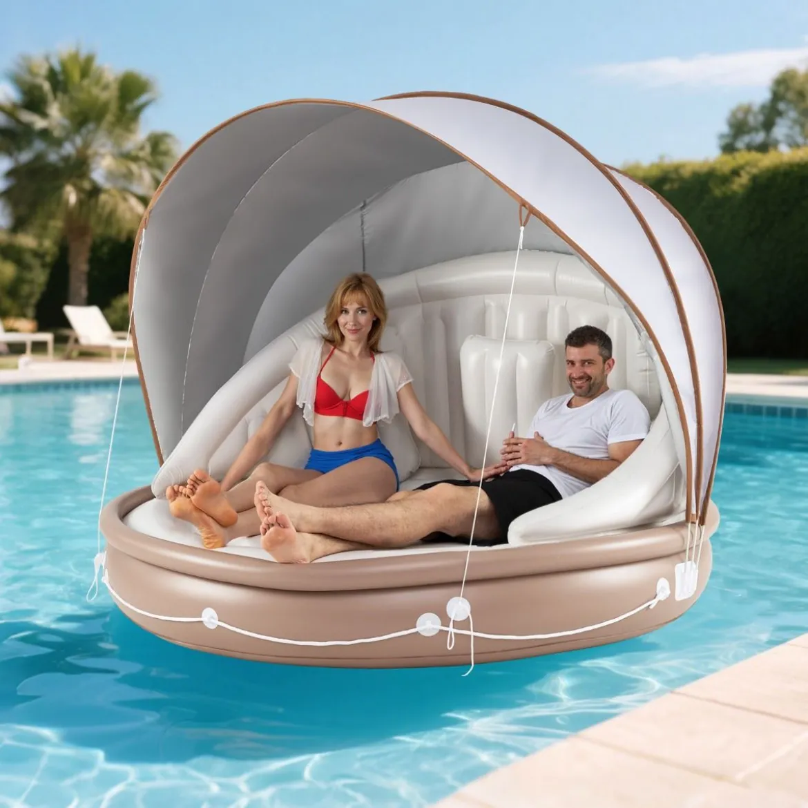 Aufblasbare Badeinsel mit einziehbarem Dach Schwimminsel mit 3 bequemen Kissen SPF 50+