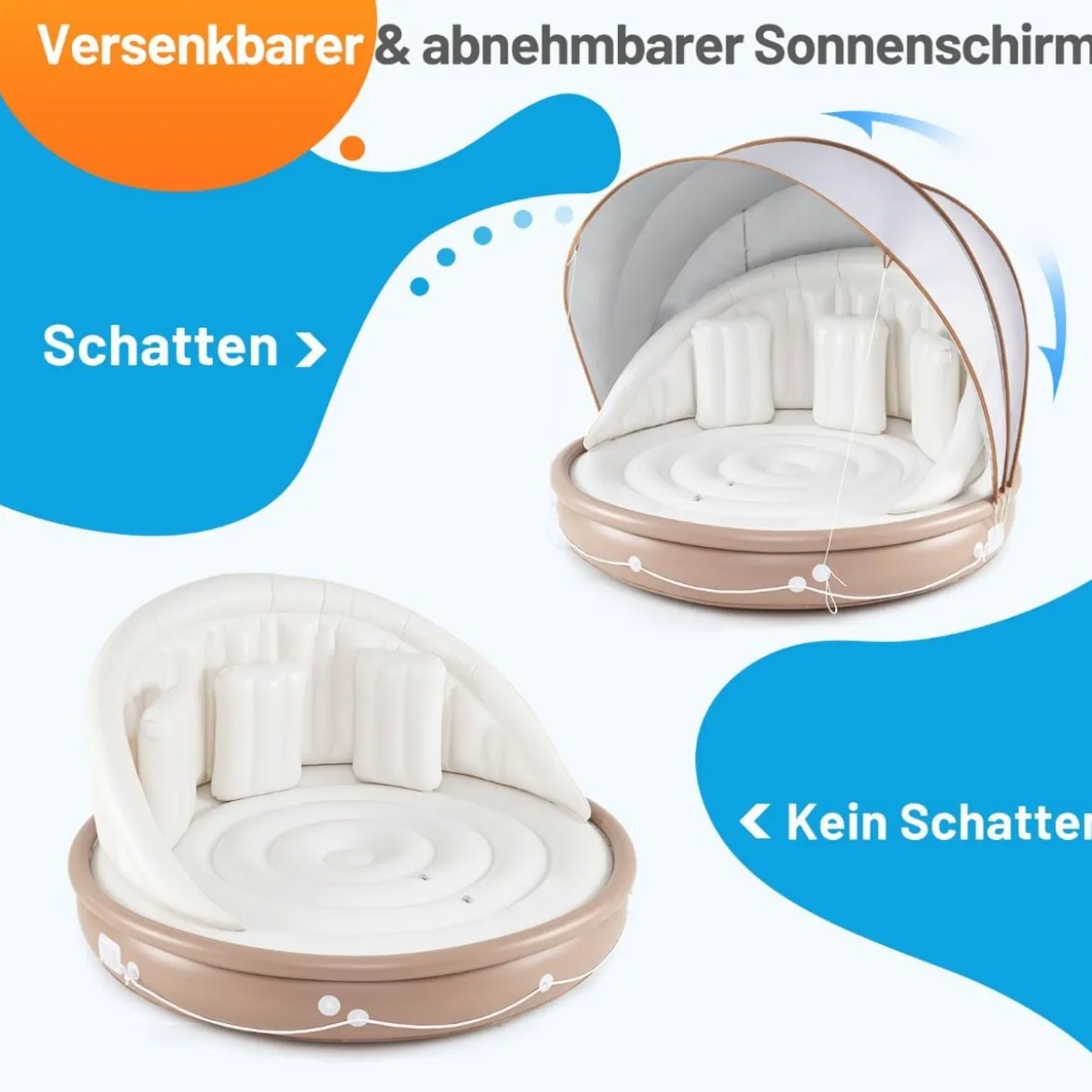 Aufblasbare Badeinsel mit einziehbarem Dach Schwimminsel mit 3 bequemen Kissen SPF 50+