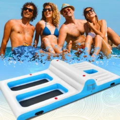 Aufblasbare Badeinsel mit 130W Luftpumpe für 4 Erwachsene 366 x 197 x 66 cm Weiß + Blau